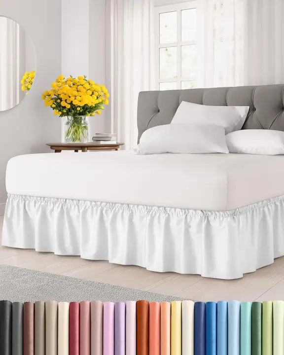 Wrap-Around Bed Skirt — Full 18" White with Elastic Strap & Pleats